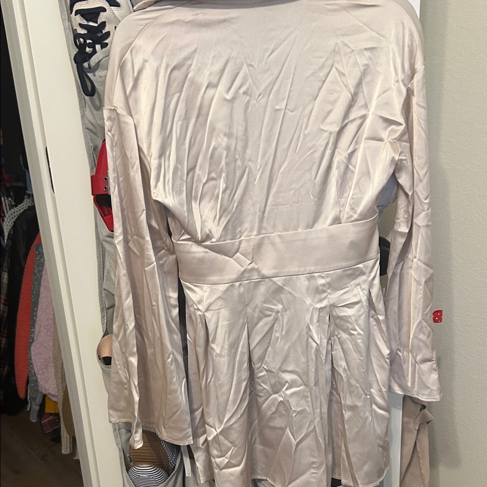 Cider Satin Cream Long Sleeve Pleated Mini Dress - Picture 4 of 4